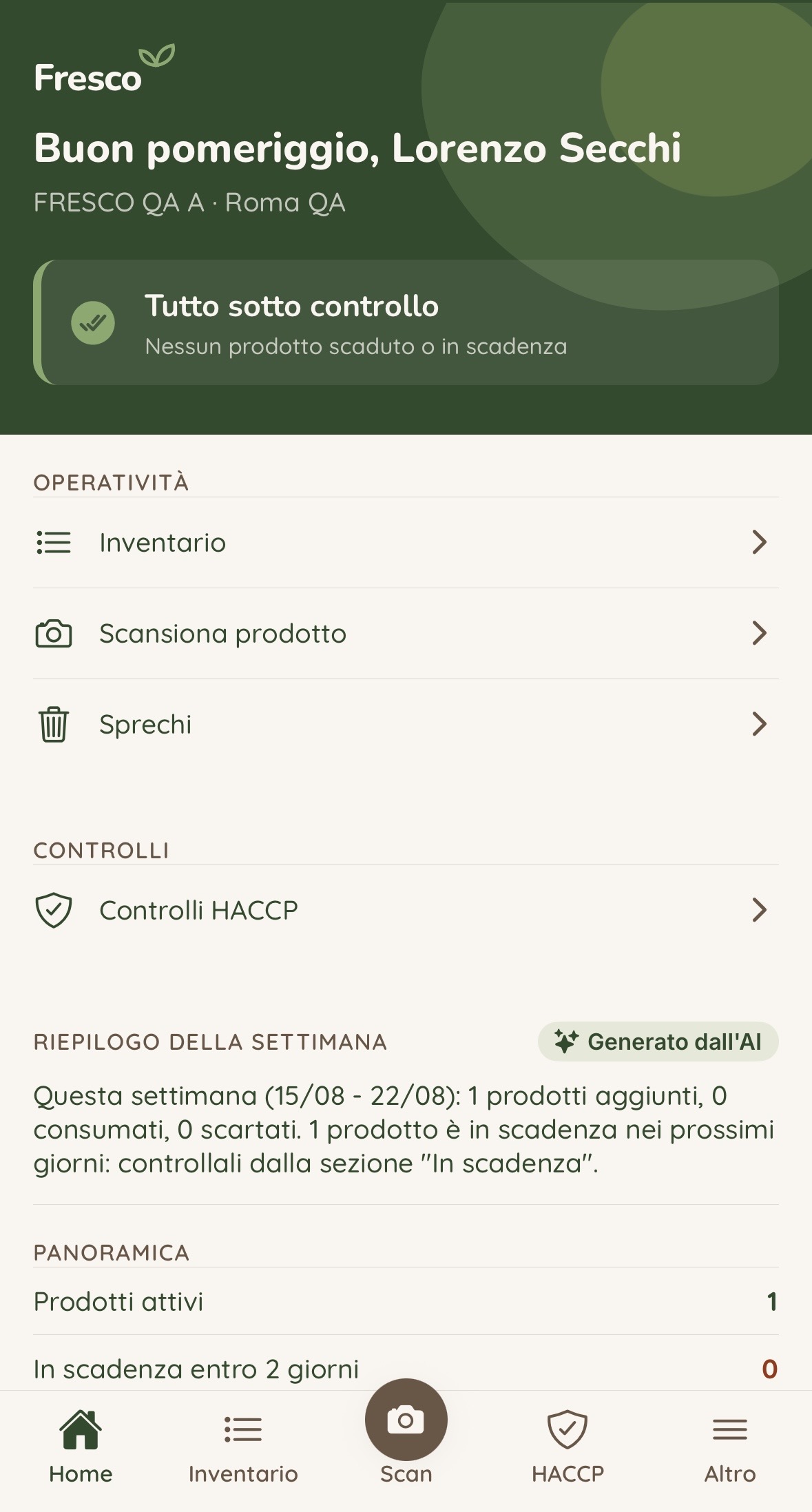 Schermata Home dell'app Fresco con inventario, scansione, sprechi e controlli HACCP